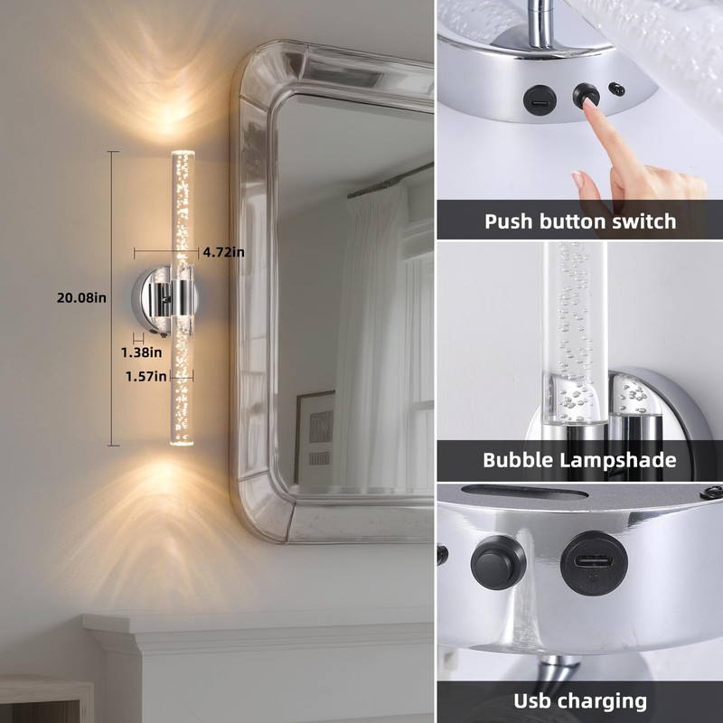 Povectolay Silver Wall Light LED Battery Operated Wall Sconces(2 Pack),