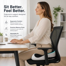 Memory Foam Seat Cushion for Long Sitting – Adjustable Coccyx Support for Office Chair, Car & Home
