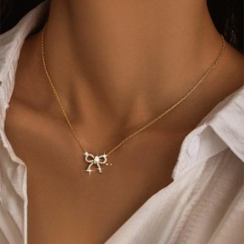 TseenYi Crystal Bow Pendant Necklace Gold Bow Knot Choker Necklace Small CZ Bow Tie Necklace Saprkly Hollow Bow Chain Necklace Pave Rhinestone Bowknot Pendant Necklace, Zinc, No Gemstone