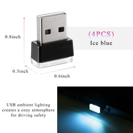 SHMZK 4 PCS USB LED Car Interior Atmosphere Lamp, Mini LED Plug-in USB Interface Trunk Ambient Light, Portable USB Night Lighting Kit Interior Decor for Vehicle Home Office (Ice Blue)