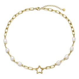 Qyzz Paperclip Necklace Pearl Choker 18K Real Gold Plated Stainless Steel Necklace Chunky Link Fashion Vintage Gold Choker Necklace for Women Jewelry