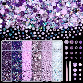 9000 Pcs Flatback Nail Pearl and Jelly Resin Rhinestones for Crafting, Dark Purple Mixed Size 3-8mm Jelly Rhinestones and Pearls Nail Jewels, Bedazzling Crystal Nails Art, Tweezer and Pickup Pencil