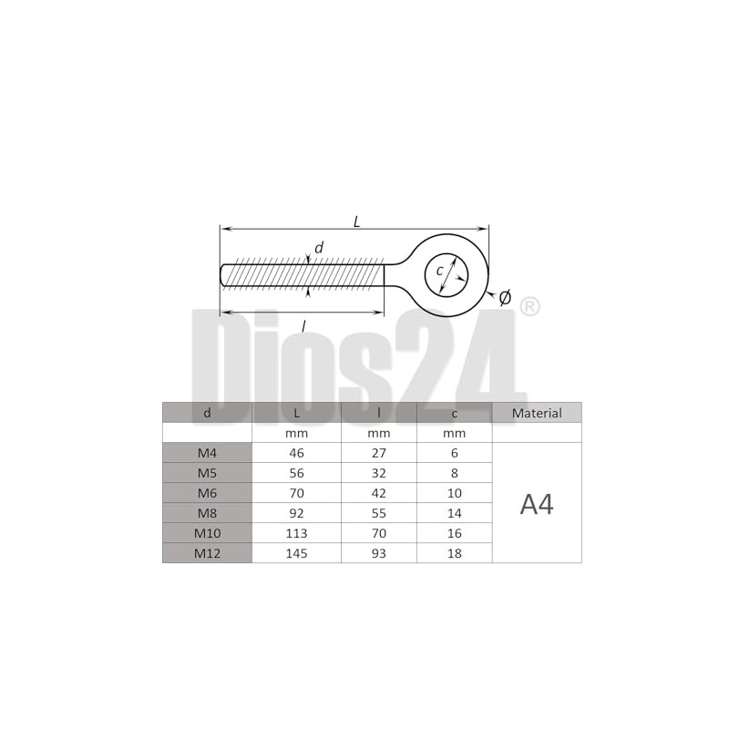 DIOS24 Eye Screw with Metric Thread (Left Thread) M10 -