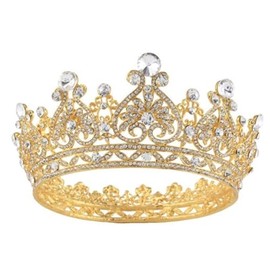 JORCEDI Jewelled Crown Rhinestone Queen Bridal Tiara Headbands Wedding For Wedding Birthday Pageant Cosplay Party (Gold)