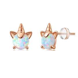 Girl's Unicorn Earrings, 925 Sterling Silver Hypoallergenic Opal Earrings for Sensitive Ears, Cute Mini Stylish New Quaint Little Animal Jewelry Gift for Women and Kids (Rose gold unicorn)