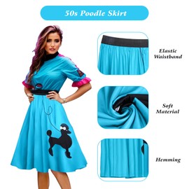 Knemksplanet Women's 50s Poodle Midi Skirts 4Pcs 1950s Costume Accessories Outfit Scarf Eyeglasses Polka Dot Earrings
