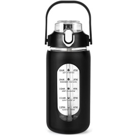 NACOOL Botella de agua de vidrio de 32 oz, botella de agua deportiva motivacional, taza grande a prueba de fugas con funda de silicona, pajita, asa y escala de tiempo, perfecta para viajes, gimnasio.