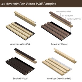 ARMURO Wall Panels for Interior Wall Decor - Wood Slat Wall Panel Samples Pack (4PCS) - Wall Decor Natural Oak/Walnut/Oak (Grey)/Smoked Wood Wrapped Soundproof Wall Panels