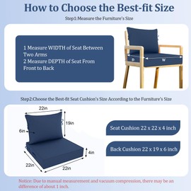 PZDJUMO Deep Seat Patio Cushions 22 x 22 Inch Waterproof Outdoor Chair Cushions Set of 2 Loveseat Cushions for Outdoor Furniture 4'' Thick Patio Furniture Cushion with Handle Straps, Dark Blue