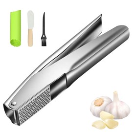 Garlic Press Stainless Steel, Easy Cleaning Kitchen Garlic Mincer & Crusher with Garlic Peeler Tube and Scraper, Heavy Duty Metal Ginger Press, Easy Squeeze, Dishwasher Safe