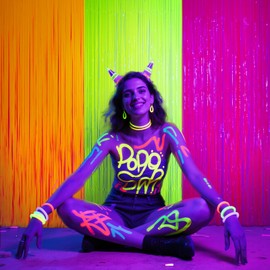 Mega-L Glow in The Dark Party Supplies, 3 Pack Neon Party Decorations 9.9 x 6.6 ft Fluorescent Macaron Orange, Yellow and Fuchsia Tinsel Foil Fringe Curtains, Glow Photo Booth Prop Backdrop Streamer