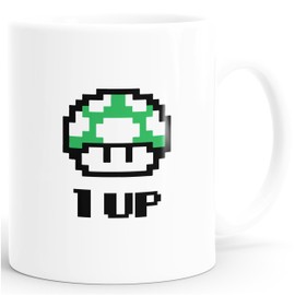 MoonWorks Coffee Cup Birthday Retro Pixel Mushroom 1-Up Mushroom Level-Up Gaming Console 90s White One Size