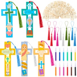 Yexiya 30 Sets DIY Christian Bible Bookmarks for Crafts, Unfinished Wooden Cutouts with 30 Tassels & 12 Color Markers, Bulk Religious Art Supplies for Sunday School, Vbs, Baptism & Church Activities