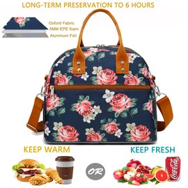 FlowFly Insulated Lunch Bag With Shoulder Strap for Women, Men, and Kids, Large and Reusable, Handle, Freezable Work and School Travel Tote and Meal Prep Organizer,Peony