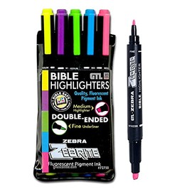 G.T. Luscombe Company, Inc. Zebrite Double Ended Bible Highlighter Set | No Bleed Pigmented Ink | No Fading or Smearing | Double Ended for Highlighting & Underlining | Fluorescent Multicolor (Set of 5)