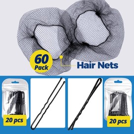 whisrvival 60pcs 24inch Black Hair Nets for Food Service Workers, Hairnets for Women/Men, Buns, Ballet Dancers, with 40pcs Bun Bobby Pins