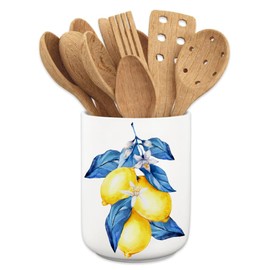 JarThenaAMCS Lemon Ceramic Utensil Holder Yellow Lemon Blue Leaves Utensil Crock for Summer Home Kitchen Countertop Storage Organizer Container