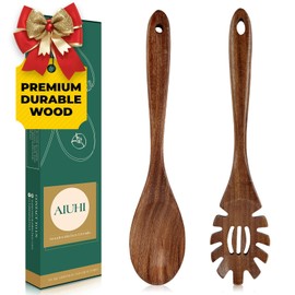 2Pcs Teak Wood Pasta Server, Wooden Spaghetti Noodle Spoon Set with Teech, Long Handle Spaghetti Fork and Spoon Set