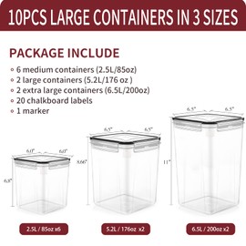 PRAKI Large Airtight Food Storage Containers with Lids, 10PCS Plastic Cereal Storage Containers, Kitchen & Pantry Organizers and Storage for Sugar, Flour, Baking Supplies with Lables & Mark