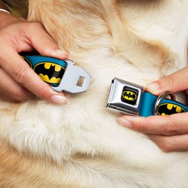 Buckle-Down Seatbelt Buckle Dog Collar - Bat Signal-3 Blue/Black/Yellow - 1" Wide - Fits 11-17" Neck - Medium