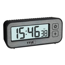 TFA Dostmann Wireless Alarm Clock Digital with Temperature and Humidity Switch, 60.2522.10, with Maximum and Lowest Values, with Alarm and Radio-Controlled Clock, Travel Alarm Clock, Small, Non-Ticking, Grey