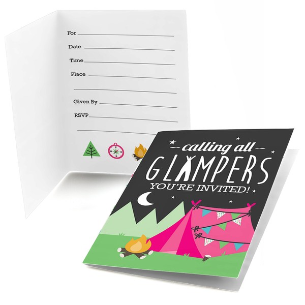 Let's Go Glamping - Fill In Camp Glamp Party or Birthday Party Invitations (8 count)