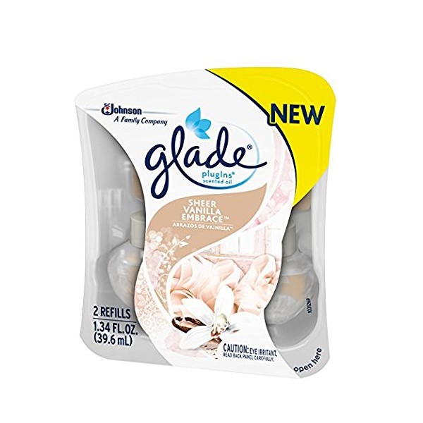 Glade PlugIns Refills Air Freshener, Scented and Essential Oils for Home and Bathroom, Sheer Vanilla Embrace, 1.34 Oz, 2 Count
