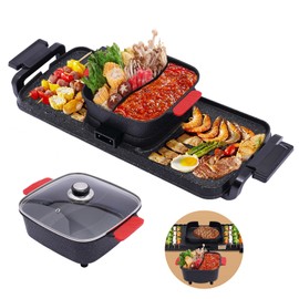 JAYGOVAN Electric Grill Hot Pot 2 in 1 Multifunctional Smokeless Grill Indoor Teppanyaki Grill/Shabu Pot with Divider-Separate Dual Temperature Contral,Non-Stick Pan BBQ Capacity for 6 People above