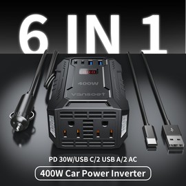 400W Car Power Inverter DC 12V to 110V AC Inverter with PD 30W/15W+2*USB A Ports & 2 AC Outlets for Laptop/Phone/Road Trip