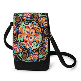 Mini-Handytasche für Damen.Boho-Ethno-Schultertasche.Hippie Crossbody Hobo Handtasche-Verstellbarer Riemen.Mit Blumen Bestickte Vintage-Münzengeldbörse für Mädchen