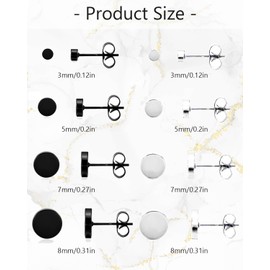 JELIEE 8 Pairs Dot Stud Earrings Stainless Steel Ear Studs Round Flat Top Stud Earrings Set Unisex Stud Earrings Black Silver Earrings for Men Women(3mm 5mm 7mm 8mm)
