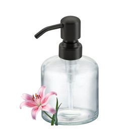 Qeemee Clear Glass Soap Dispenser, 11 Oz Boston Round Bottle Dispenser with Stainless Steel Pump, Refillable Kitchen & Bathroom Countertop Dish Soap Dispenser, Matte Black