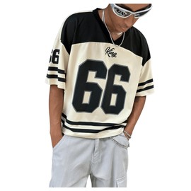 SOLY HUX Men's Jersey Shirts Number Graphic V Neck Drop Shoulder Short Sleeve Loose Streetwear Tee Tops Black Letter Medium