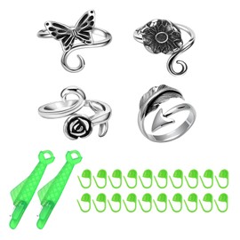Anmahe 4pcs Crochet Rings for Fingers,Adjustable Knitting Crochet Loop Ring,Metal Open Yarn Guide Crochet Rings with 10 Sewing Needles,20 Marker Buckles and 2 Fish Needle Threader,Thimble Accessories