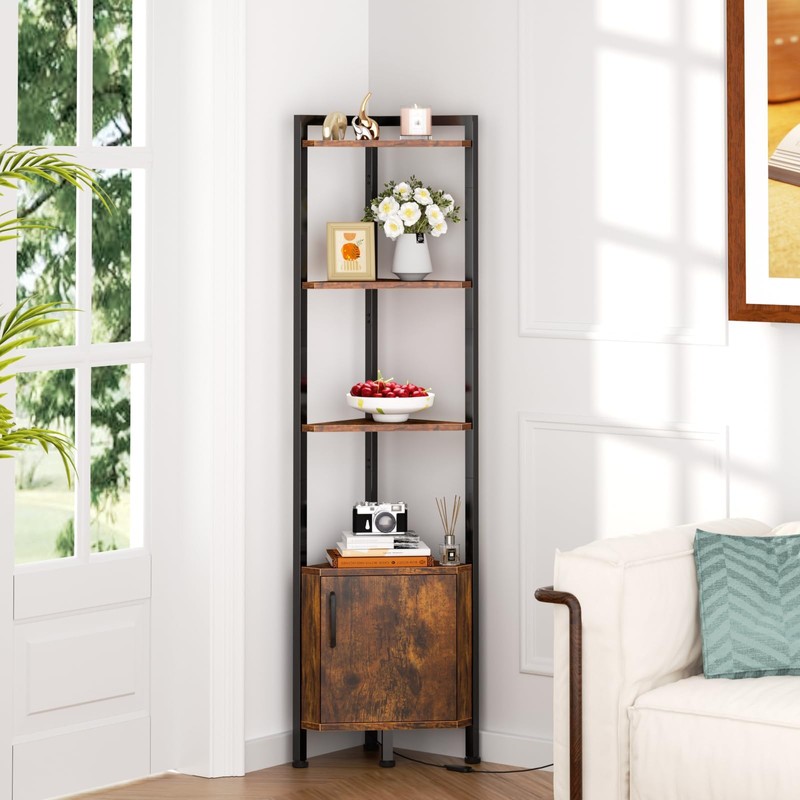 Furnulem Corner Shelf,5-Tier Corner Cabinet with Storage and LED Light,