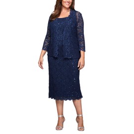 Alex Evenings womens Plus Size Tea Length Lace and Jacket Special Occasion Dress, Navy, 18 Plus