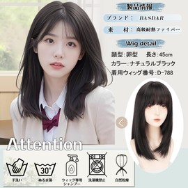 BARSDAR Women's Wig, Straight, Medium, Semi-Long, Women's Wig, Wig, Transvestite, Full Wig, Natural, Brown, Hair, Small Face, Cute, Natural, Heat Resistant, Net Included, Natural Black