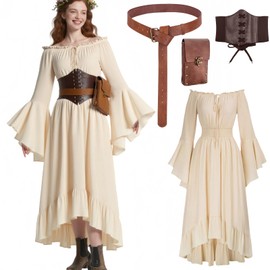 kasahara Medieval Clothing Women's Set, Retro Off Shoulder Blouse Dress, Renaissance Costume, Victorian Clothing, Maxi Dressm, Carnival Fancy Dress Costume, apricot, M
