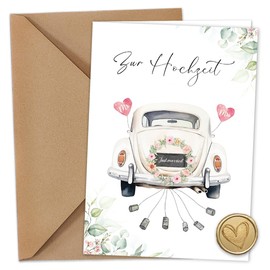 Hochzeitskarte Auto mit Umschlag aus Kraftpapier -Karte, A6 Klappkarten Aquarell Karte Hochzeit, Premium Glückwunschkarte zur Hochzeit