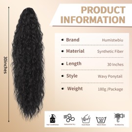 Humistwbiu Claw Clip Ponytail Extension for Women 30 Inch Long Ponytail Hair Piece Wavy Curly Synthetic Hairpieces, Natural Black