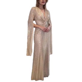 xxxiticat Women's Sequin Prom Dress Long Cape Sleeve V Neck Front Twist Knot Evening Party Wedding Slit Maxi Gown Dresses(GO,XL) Gold