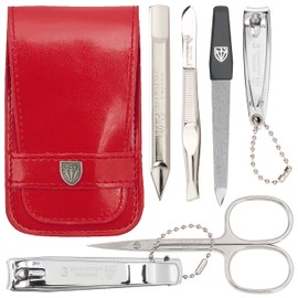 DREI SCHWERTER - Germany 6-Piece Manicure Set 'Massa' | Nail Care Set in Red Faux Leather Case | Contents: Nail Scissors, Cuticle Scissors, Nail Clippers, Tweezers, Sapphire Nail File and Much More