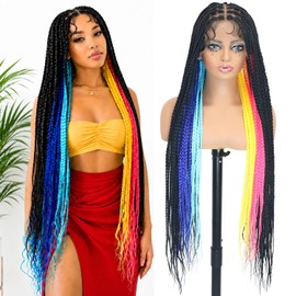 ItsUHair Colorful Full Lace Braided Wig 36inch Long Knotless Synthetic Box Braids Wig with Baby Hair