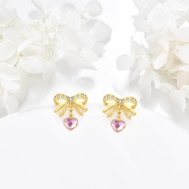 TIGER RIDER Bowknot Earrings 925 Sterling Silver Gold Bow Dangle Heart Cubic Zirconia Plated Yellow Pink Earrings Party Fashion Jewelry for Women