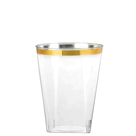 Disposable 10 oz Square Crystal Clear Plastic Tumblers with Gold Rim - Elegant Disposable Hard Plastic Cups Gold Rimmed - For Party, Weddings, Baby Showers, Events, Fancy Catering Cups (50 PACK)