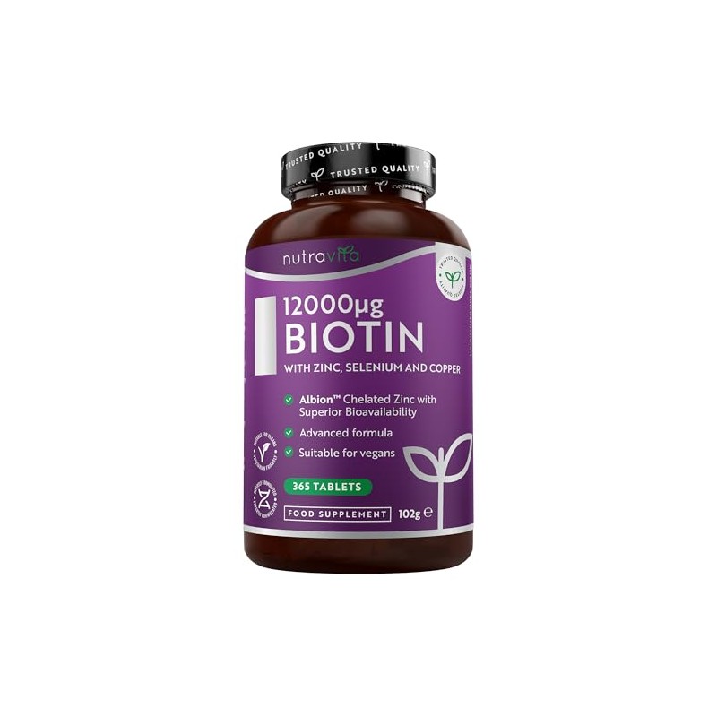 Nutravita Biotin Hair Supplement 12,000mcg - 365 Vegan - Full