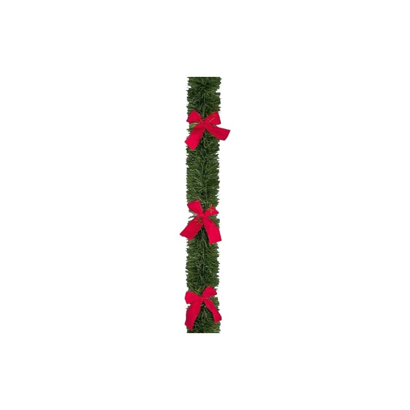 2.7M x 10cm approx Green Tinsel with Red Bows