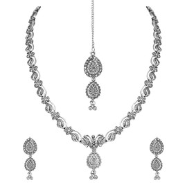 I Jewels Indian Wedding Bollywood Ethnic Silver Oxidized Floral Design Ghungroo Long Necklace Jewellery With Jhumka Earrings Set For Women (MC171OX)