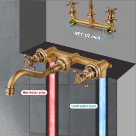 Midanya Bathroom Widespread Sink Faucet Wall Mount 3 Holes 2 Cross Knobs Brass Lavatory Basin Mixer Tap Mixing Spout Double Handles Commercial Antique Brass NO Hot Cold Signs