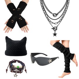 6PCS Therian Stuff,Y2k Jewelry Set With Grunge Necklace,Therian Fingerless Gloves,Knitted Emo Beanie,Grunge Bracelet,Glasses,Leg Warmers for Women,Y2K Therian Accessories Cosplay Party Jewelry Gift